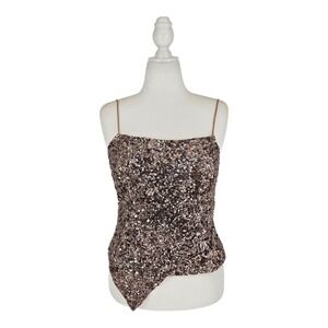 Cache‎ Vintage Sequin Silk Camisole Top Brown Bronze Asymmetrical Hem Womens L
